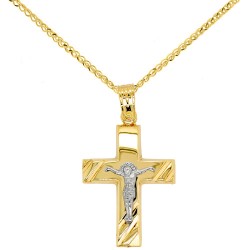 Χρυσός βαπτιστικός σταυρός διπλής όψης Κ14 με αλυσίδα